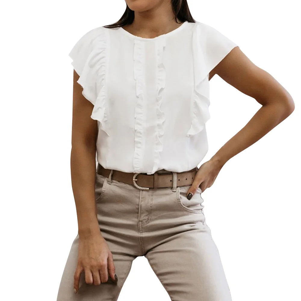 

Women Blouse Shirts Summer All-match Round Neck Ladies Ruffle Top Girls Sweet Ruffles Butterfly Sleeve White Blouse Blusas