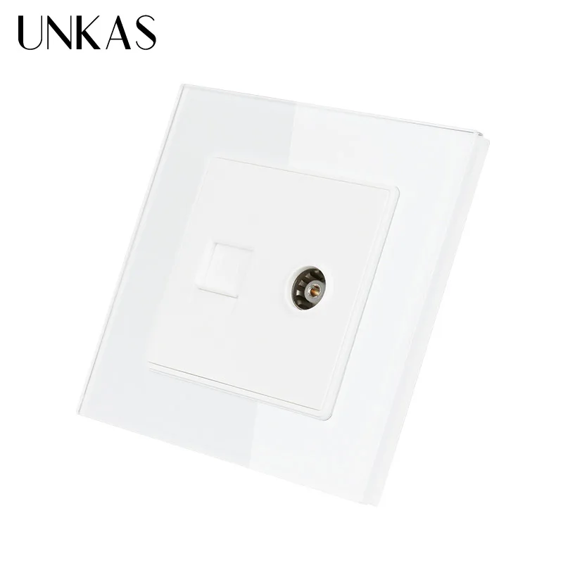 UNKAS White Luxury Crystal Glass Panel RJ45 Internet Data Computer Jack CAT5E Connector With Female TV Outlet Wall Socket | Обустройство