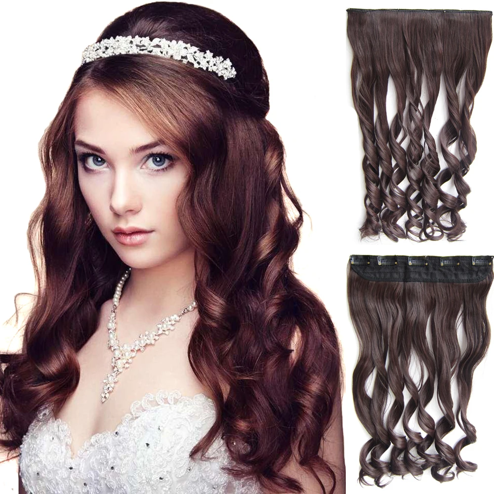 GIRLSHOW 10pcs Long Straight 24" Synthetic Clip-in One Piece 5 Clips In Hair Extensions For Women Black Brown | Шиньоны и парики