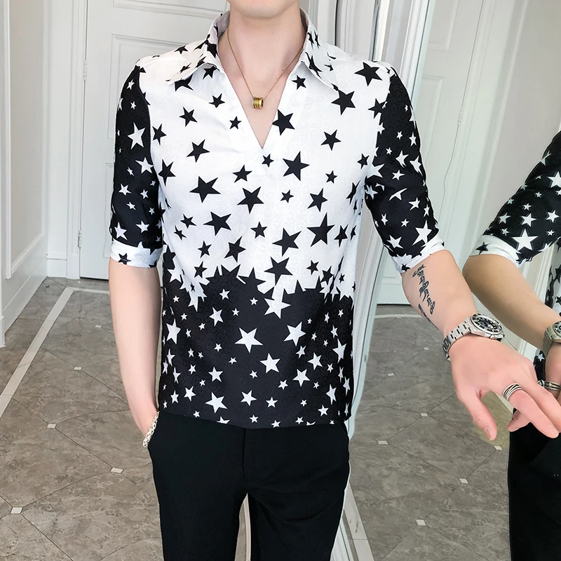 

Star Print 2021 Men Shirts Half Sleeve Casual Slim Fit Shirt Fashion Pollover Streetwear Social Blouse Night Club Party Clothing