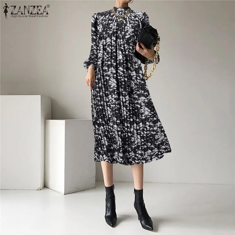 

ZANZEA Women Spring Puff Sleeved Dress O-Neck Baggy Kleid Party Casual Midi Dress Vestidos Holiday Party Elegant Loose Sundress