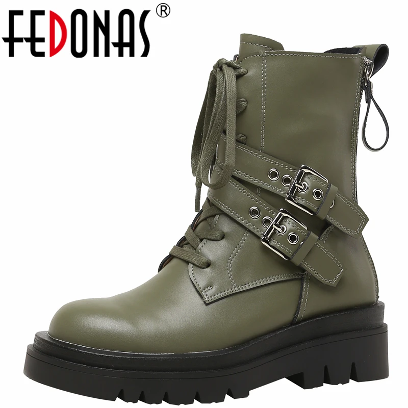 

Женские ботильоны в байкерском стиле FEDONAS, повседневные ботильоны из натуральной кожи на толстом каблуке с пряжкой в стиле панк на осень-зим...