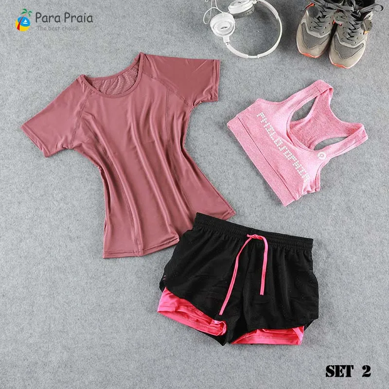 Set 2 Комплект из трех предметов для йоги, спортивная одежда для женщин, спортивный бюстгальтер, костюм для бега, одежда для фитнеса, женские спортивные шорты, одежда для занятий спортом для спортивного зала - Цвет: Set 2