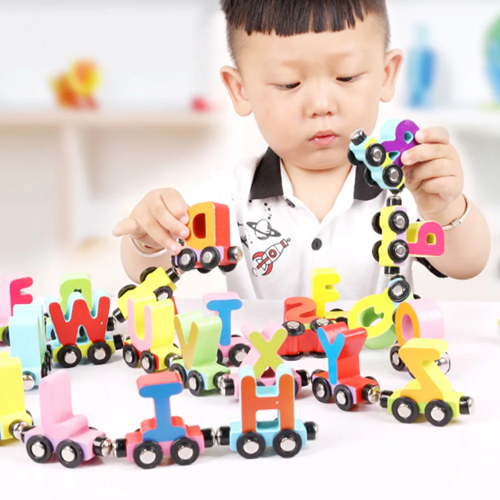 

Children Puzzle Cognitive Letters Car Early Education Word Toy 26 English Letters Small Train Wooden Magnetic Alphabet Game Toys