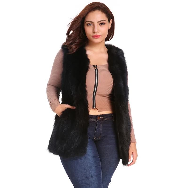 Autumn Winter Women Faux Fur Vest Women's Sleeveless Jacket with Pockets Black Fashion Plus Size Slim Femme Outwear | Женская одежда