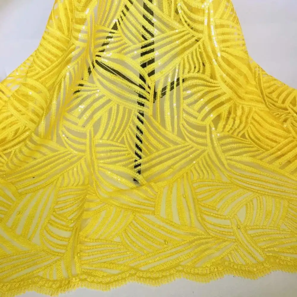 

Yellow Color French Lace Fabric African Sequin Tulle Lace Fabric With Beads 2020 High Quality Mesh Lace Bridal Wedding Dress Sew