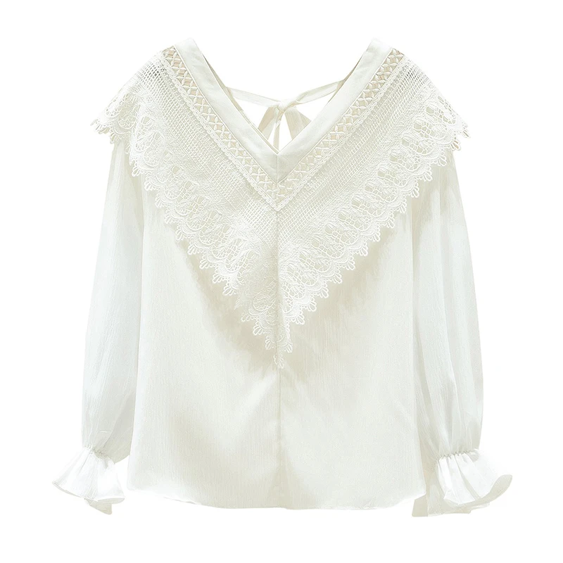 

Lace shirt female 2021 spring and autumn new style Korean fan loose V-neck shirt small fresh lace white top trend