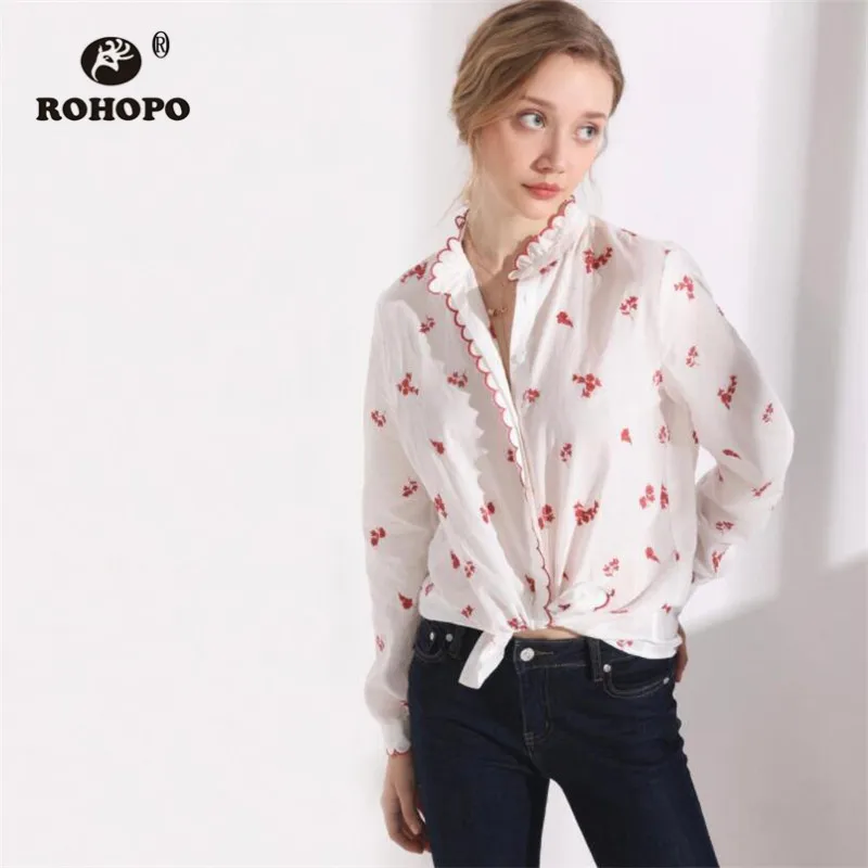 ROHOPO Overlocked Round Collar &amp Cuff Elbroidery Floral White Blouse Long Sleeve Ladies Retro Top Shirt #1331 |