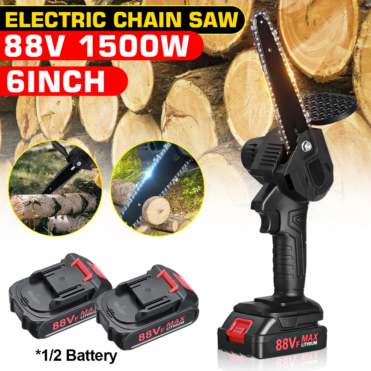 

88V 6 Inch Electric Chain Saw 1500W With 2 Battery Rechargeable Woodworking Pruning One-handed Garden Logging Power Tool