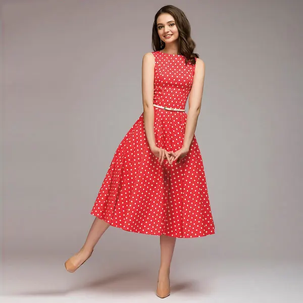Женское винтажное платье в горошек новинка без рукавов с круглым вырезом vestidos