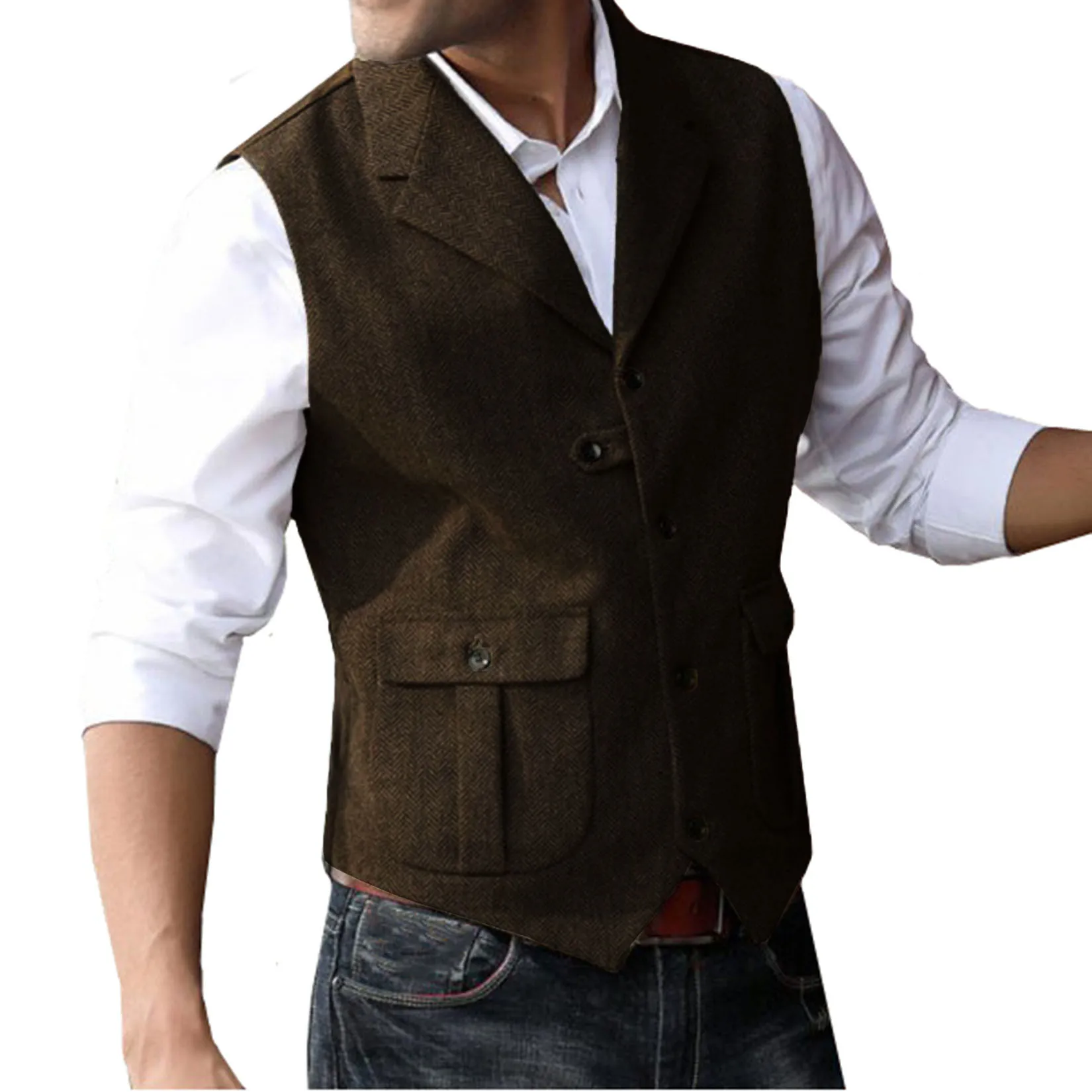 

2022 Brown Men's Vest Wedding Herringbone Tweed Business Suit Waistcoat Sleeveless Jacket Tailor-made Vintage Vests For Best Man