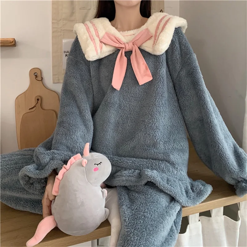 Tracksuit Sweety Girly Kawaii Peter Pan Collar Bow Color Contrast Full Sleeve Ruffle Tops Fleece Home Pajamas Two-Piece Suit