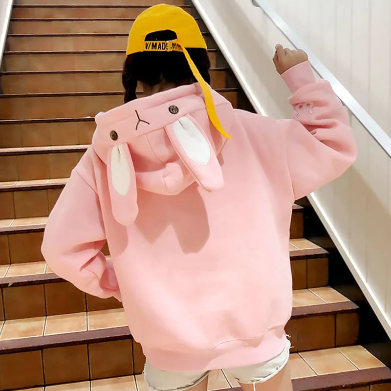 

Kawaii Rabbit Ears Hoodies Women Cute Embroidery Fleece Sweatshirts 2021 Spring Autumn Harajuku Loose Casual Hooded Pullovers