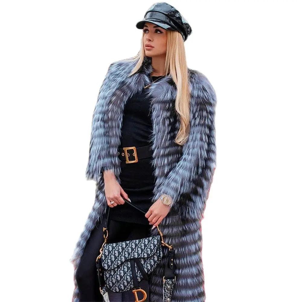 120cm X-long Real Silver Fox Fur Coat With Round Collar Winter New Trendy Genuine Leather Natural Silver Fox Fur Coats Female