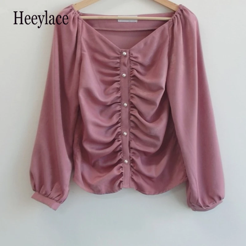 

Retro Style Blusas Square Collar Solid Color Long-sleeved New Style Ladies Blouse Single Breasted Chiffon Shirt Women