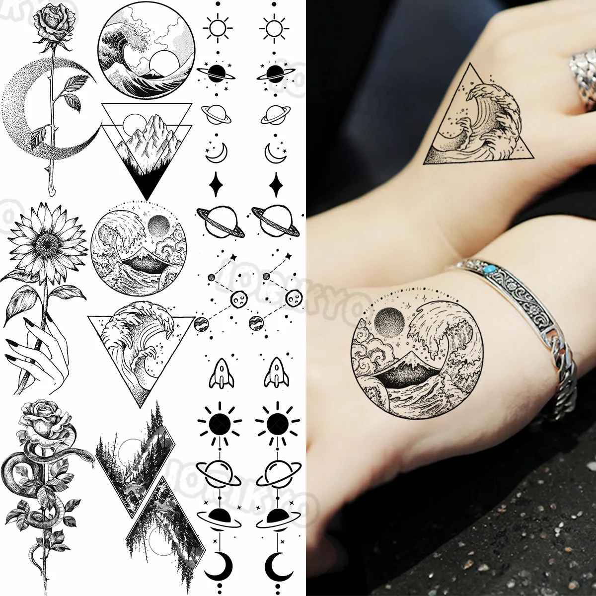 

Minimalist Ocean Wave Sun Small Temporary Tattoos For Women Men Rose Flower Snake Planet Fake Tattoo Sticker Hand Neck Tatoos 3D