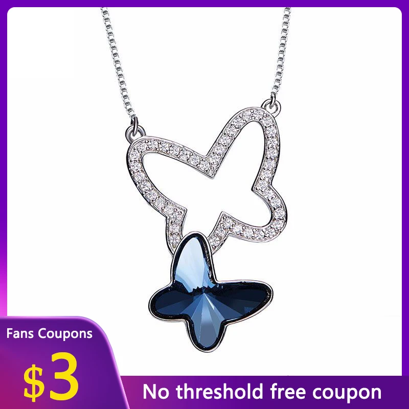 

LYNACCS Silver 925 Butterfly Necklace Blue Dazzling Crystal 925 Sterling Silver Pendant Necklace for Women Original Jewelry