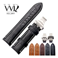 rolamy 22 24mm watch band leather vintage black brown real calf crocodile grain thick strap belt silver black clasp for panerai