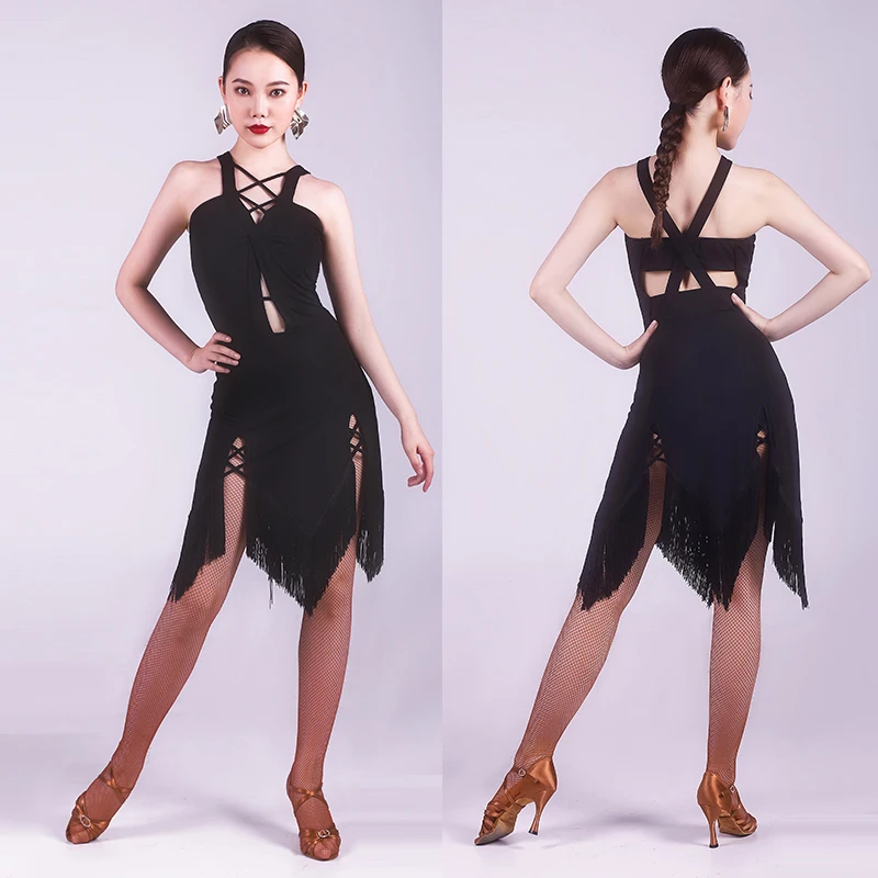 Женское платье для латиноамериканских танцев черное тренировок с открытой