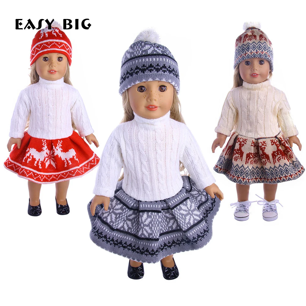 Легко большой кукла для девочек комплекты зимней одежды свитер + юбка шапка 18
