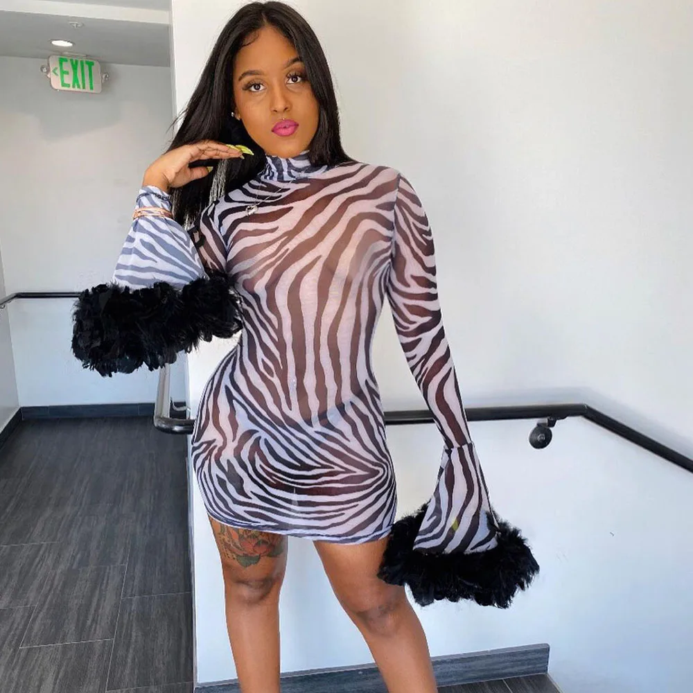 

Spring 2021 Hot Sexy Zebra Print Bodycon Skinny Vestidos Mesh Sheer Mini Party Night Club Dresses Women Feathers Flare Sleeve