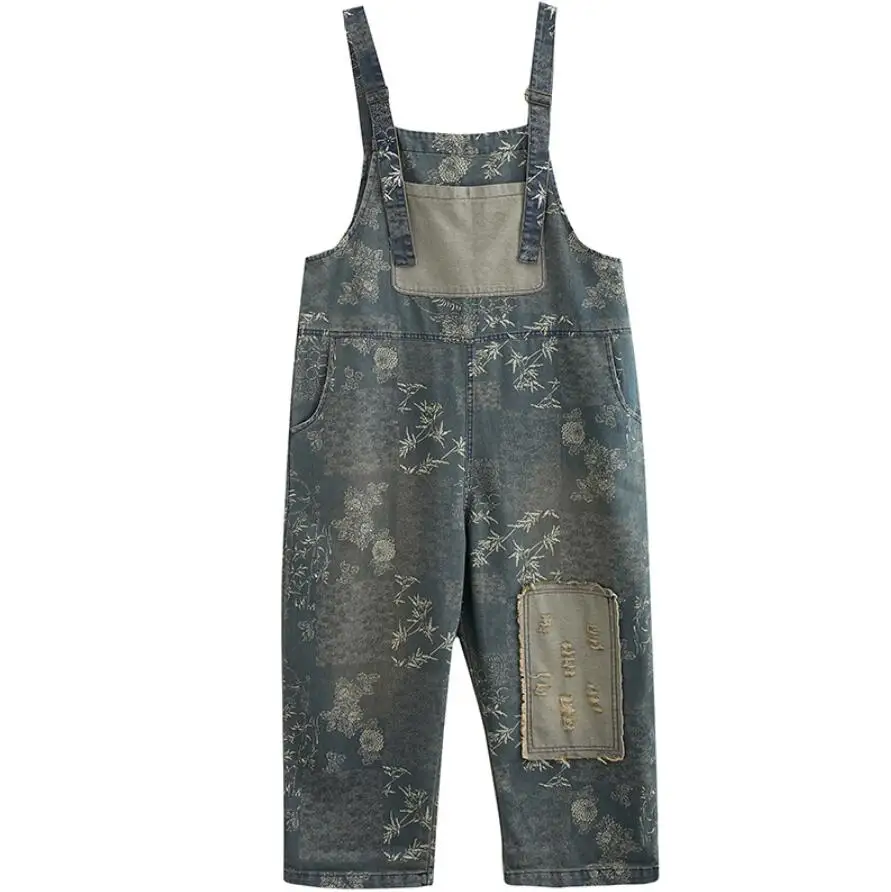 

Women Plus Size Denim Jumpsuit 2021 Casual Straps Rompers Wide Leg Trousers Ankle Length Pants Printed Overalls s861