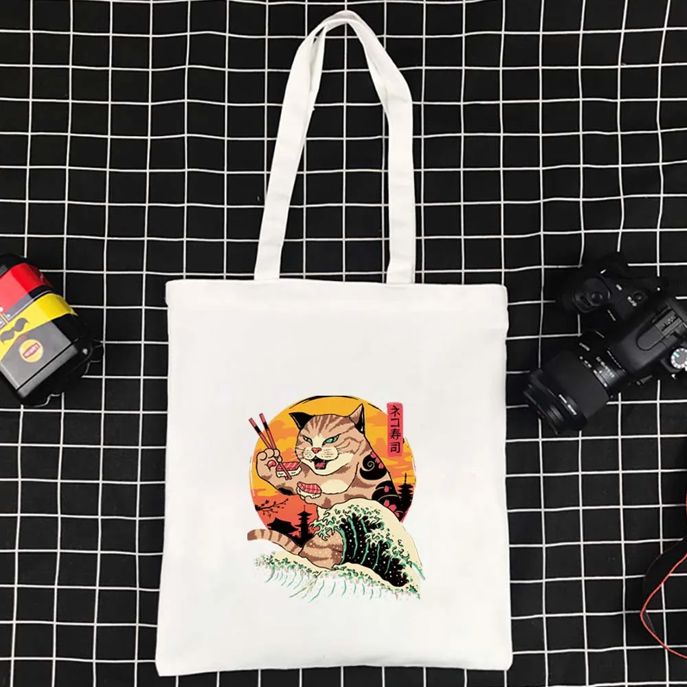 

Effortless Canvas Bag High Quality Shoulder Bag Folding Ecobag Supermarket Shopping Bag Japanese Cat School Travel Ladies Bag