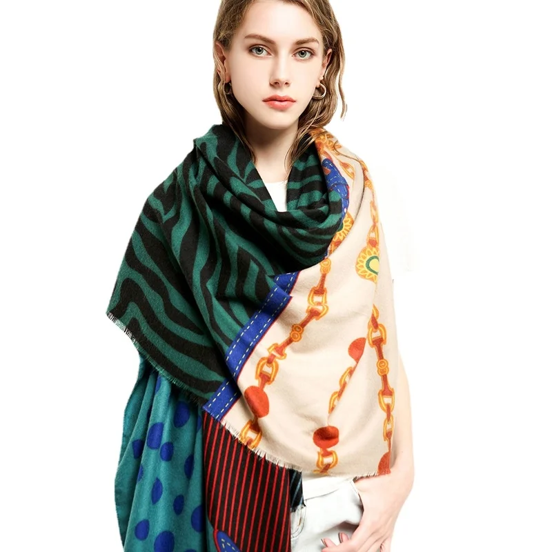 

Thickened double-sided satin four-piece belt printed scarf Autumn and winter hundred women's scarf