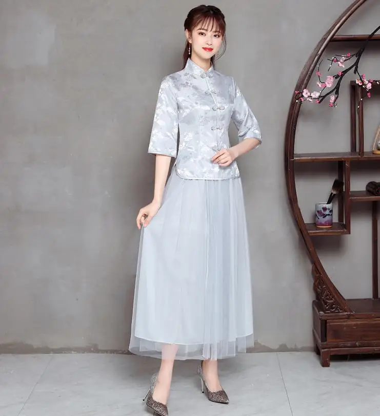 5 размеров Новое винтажное китайское свадебное платье cheongsam платье Cheongsam вечернее платье китайское современное Qipao светильник синие официальные платья - Color: gray01