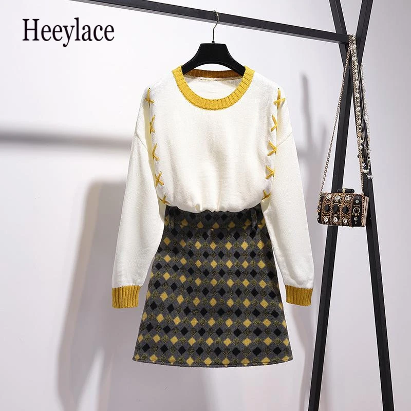 Свитер на шнуровке комплект из 2 предметов с юбкой клетчатая юбка и топы Женский