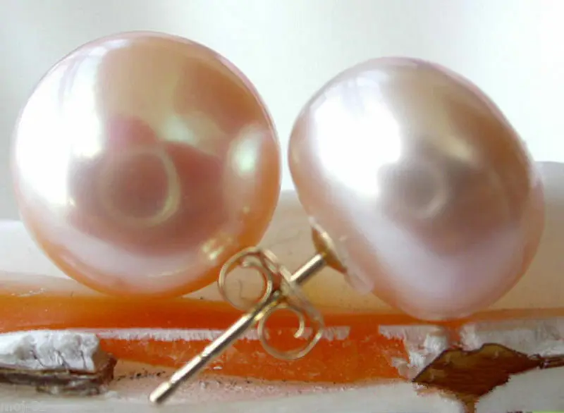 

New 11-12mm Genuine Natural Pink Freshwater Pearl 14k Gold Plated Earrings