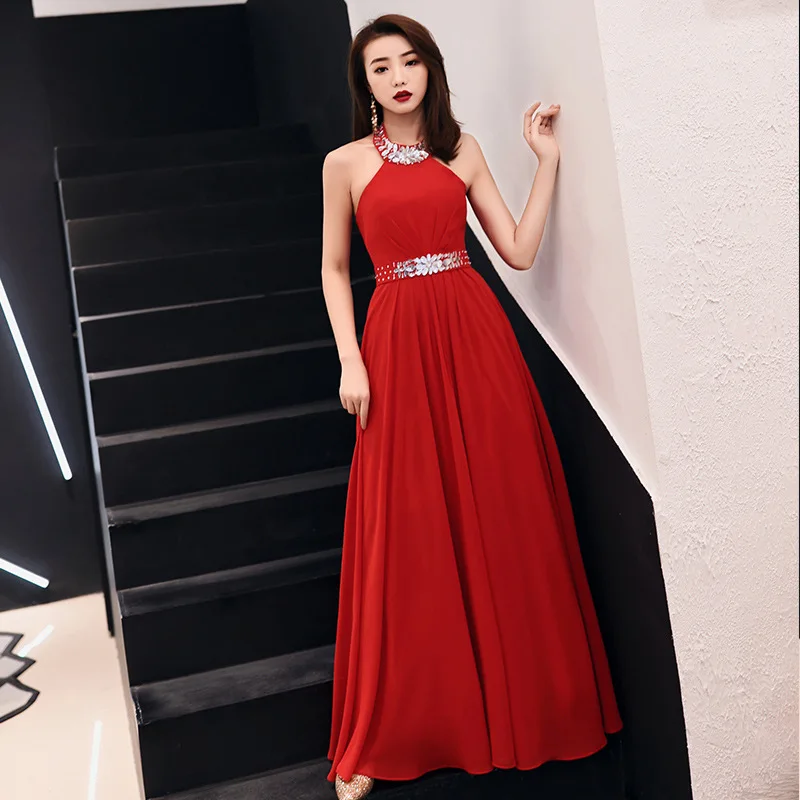 

Evening Dress Romantic red Formal Dresses Women Fashion Halter Lace Up bandage Long Party Gown