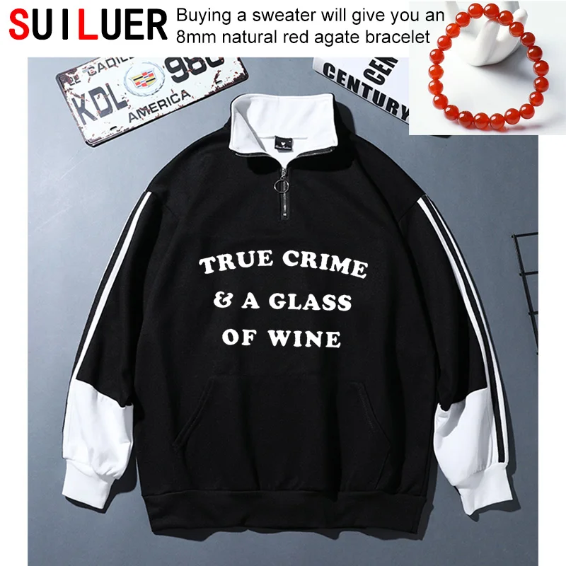 

True Crime & A Glass Of Wine Women 100% Cotton Casual Funny Sweatshirts For Lady Girl Sports Hoodies Hipster Pullovers SL-149