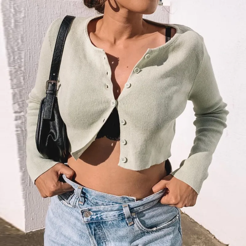 

2020 Autumn Sexy Slim Fit Sweater Women Long Sleeve Open Front Cardigan Button Up Knitting Jumper Crop Tops Mujer White