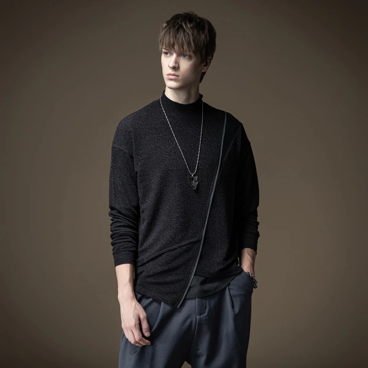 

Pinli 2020 Autumn New Turtleneck Slim Zipper Decoration Splicing Asymmetry Fashion Casual Men Long Sleeve T-shirt B203111047