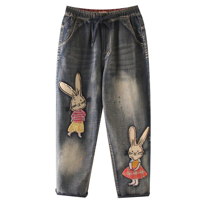 

Elastic Waist Jeans Pants Women 2020 New Retro Washed Scratch Pattern Straight Trousers Cartoon Rabbit Patch Casual Denim Pants