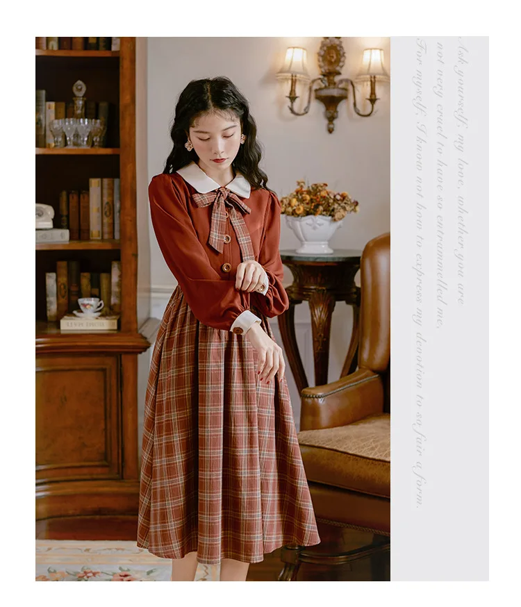 

Spring New Arrival Elegant Peter Pan Collar Plaid Lantern Sleeve Bowknot Woman Retro Long Dress vestido de mujer