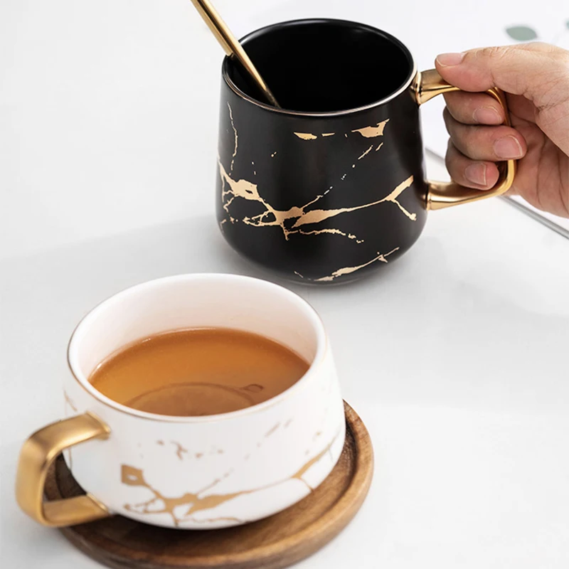 Luxury Nordic Marble Condensed Coffee Ceramic Cup Mugs Matte Water Cafe Tea Milk Cups Saucer Suit with Dish Spoon Set Ins | Дом и сад