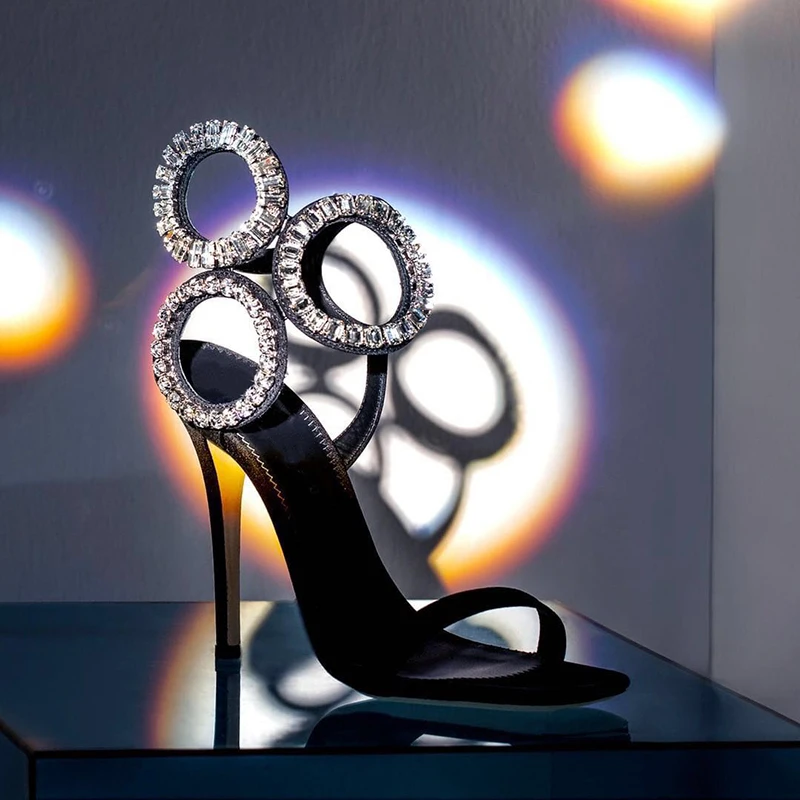 

Rhinestone fashion ladies party sandals stiletto open toe buckle sandals plus size classic black sexy high heels plus size 34-40