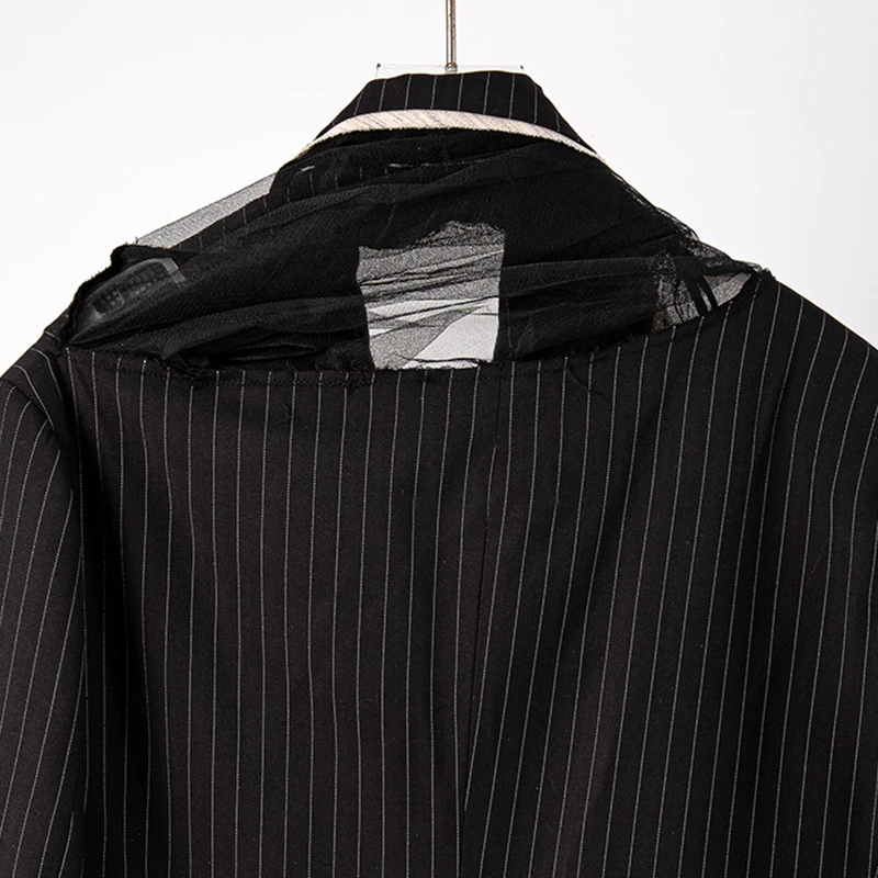 

[EAM] Women Back Mesh Striped Blazer New Notched Collar Long Sleeve Loose Fit Jacket Fashion Tide Spring Autumn 2021 1DD4442