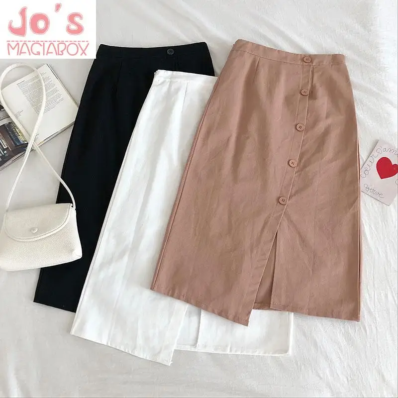 

Casual Korean Solid Women Button Empire Knee-Length A-Line Skirt Spring Summer Vintage Office Lady High Waist Mid-Calf Skirts