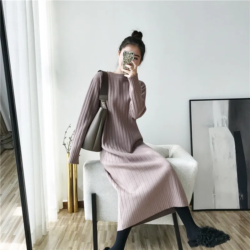 

WHCW CGDSR winter pollover korean style 2020 new autumn casual warm jumper dresses woman sweater dress women thick knitted solid