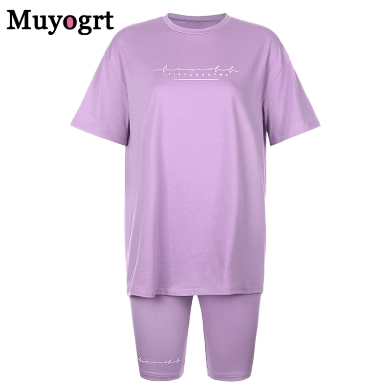 

Muyogrt Letter Printed Biker Shorts 2 Piece Set Oversize Pullover Tshirt Jogger Short Sets Women Summer Short Tracksuit Outfits