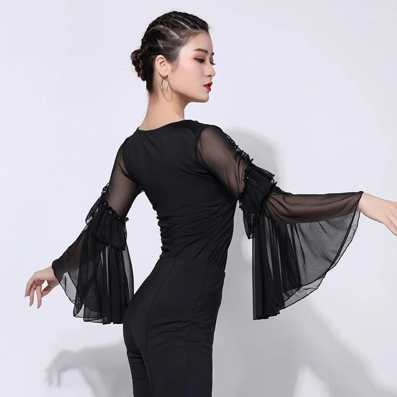 

Latin Dance Tops Female Sexy Mesh Trumpet Sleeve Shirt Professional Ballroom Samba Dance Practice Clothes For Women'S Top DL5491
