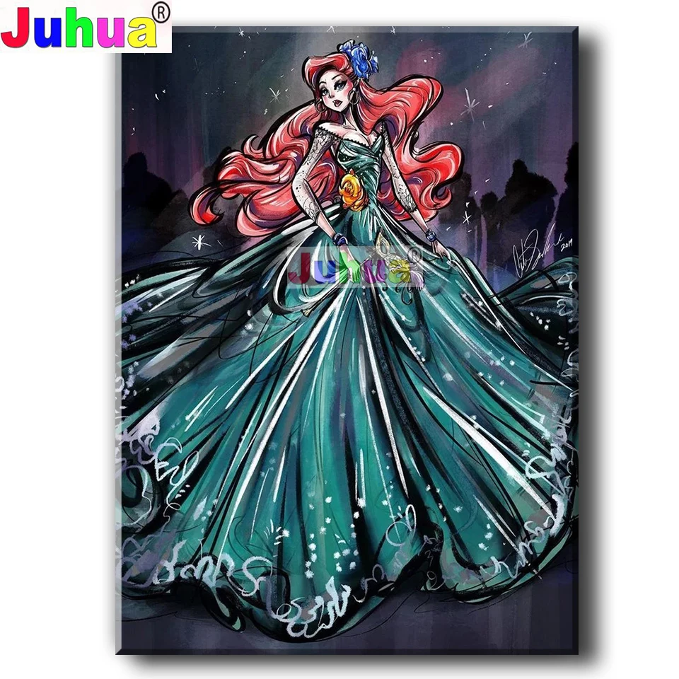 

Алмазная картина с красными волосами для девочек, зеленое платье принцессы, полноразмерная круглая вышивка из страз «сделай сам», мультяшн...