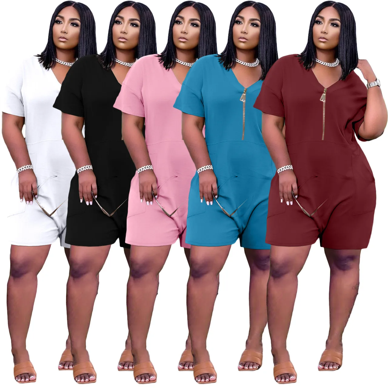 

Casual Solid Loose Rompers Womens Jumpsuit Summer Deep V Neck Short Sleeve Biker Playsuit Office Lady Zipper Pocket Outfit