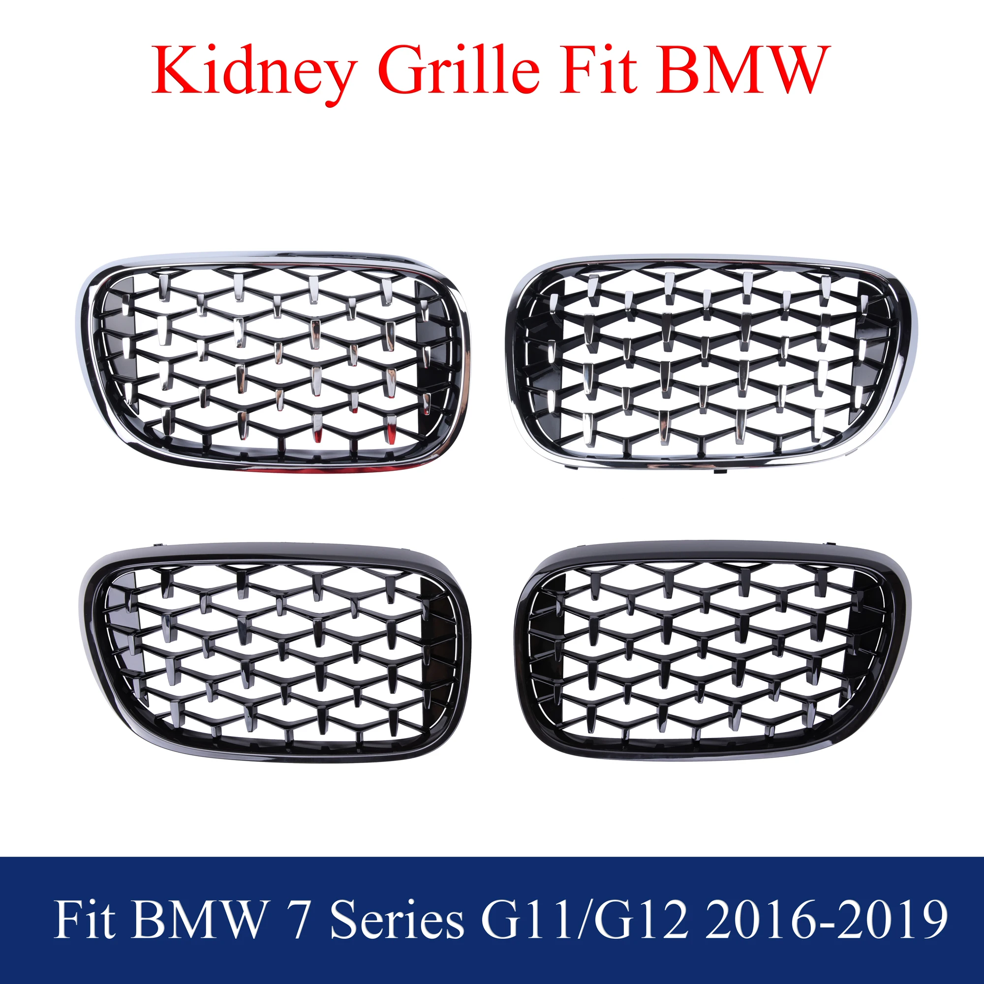 Chrome Diamond Front Kidney Grill Gloss Black Fit BMW 7 Series G11 G12 2015-2019 730Li/d/Ld 740Li/i/e/Le/Ld 750i/Li/d/Ld