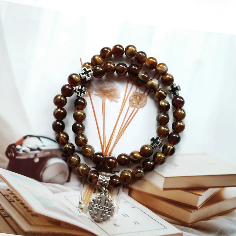 

QIGO Vintage Brown Acrylic Strand Bracelet Cross Double Layers Bracelet Bangels For Men Women Religious Jewelry