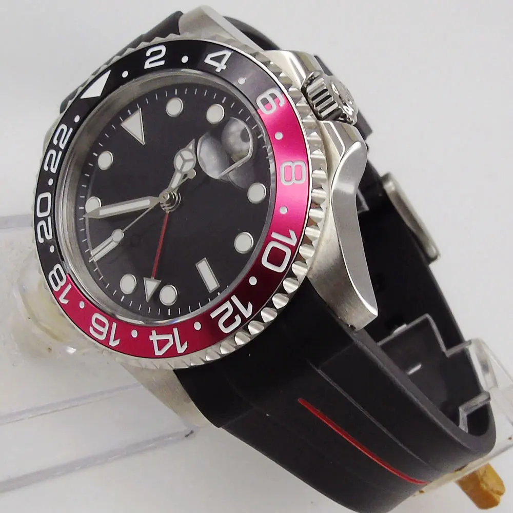 

Fashional Men Watch GMT Hand Mechancical Movement Rubber Band Ceramic Bezel Date Winndow