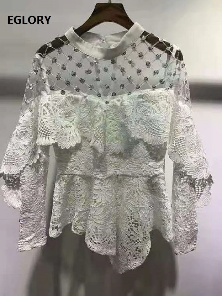 

High Quality Lace Blouses 2021 Spring Summer Tops Women Sequined Mesh Embroidery Patchwork Long Sleeve Sexy White Black Tops